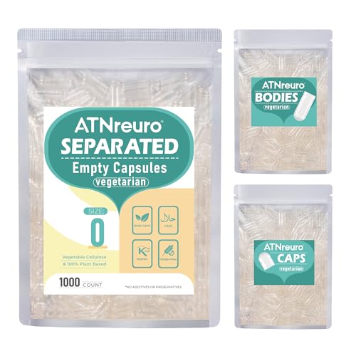 ATNreuro Capsule Vegetali Vuote Taglia 0 Separate (1000 pezzi), Trasparenti, Vegetariano, Compatibile con il Riempimento di Capsule Taglia 0
