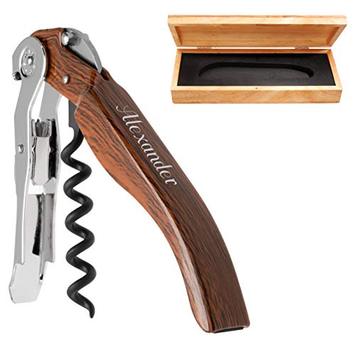 Pulltex Kellnermesser ClickCut Wood Transfer im Holz-Etui mit Laser-Gravur Korkenzieher aus Metall Doppelhebel Cover