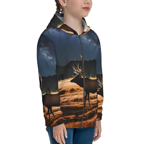 Elk in the meadow Print Girls Athletic Zip Up Hoodies,Sweatshirts with Pockets Long Sleeve Hooded Jackets, for 7-18 Y3