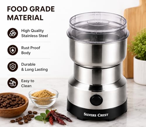 Image of Electric Mixer Grinder 300W Stainless Steel Coffee & Spice Grinder Machine, Portable Dry Masala Grinder with One Touch Operation, Grinder for Coffee Beans, Spices, Nuts & Grains Home Kitchen