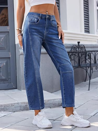 Genleck Barrel Jeans Women Wide Leg Cropped Jeans High Waisted Baggy Boyfriend Mom Denim Ankle Pants with Pockets（Dark Blue,16） — view 3