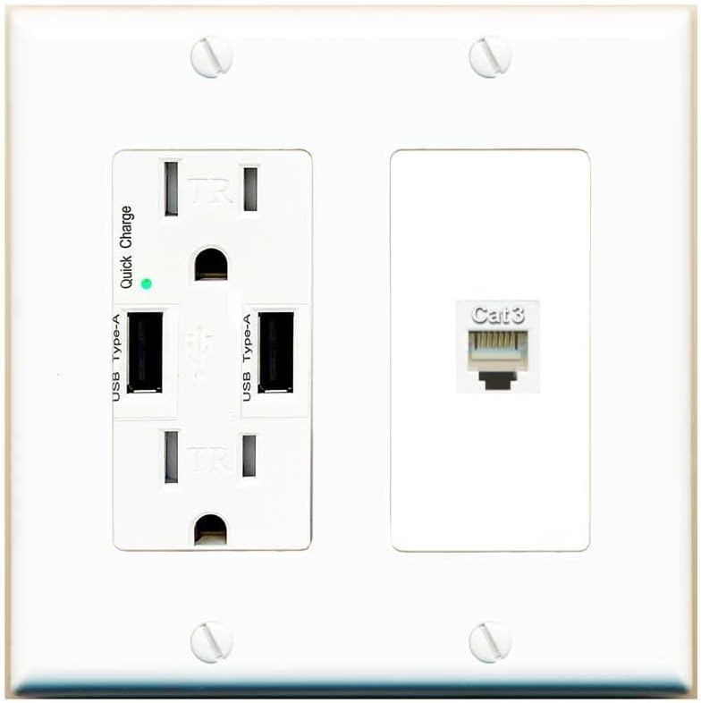 RiteAV Phone Wall Plate - 1 Port RJ11-RJ12 Telephone Jack Cover Faceplate - USB Outlet [Red/White]