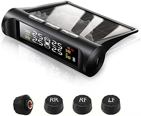 LIIRVVSTT Tire Pressure Monitoring System, TPMS, Solar Power Wireless Car Alarm System with 4 External Sensors, LCD Real-time Display 4 Tires' Temperature & Pressure, Universal Tyre Pressure 0-50Psi
