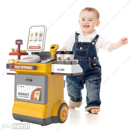 Image of Kids Mandi Cash Register Playset for Kids | 48 PCS Supermarket Pretend Play Toy with Scanner, Grocery Game Food Set & Play Food | Educational Store Toy (Yellow)