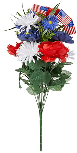 Admired By Nature 18 Stems Artificial Blooming Peony, Gerbera Daisy With Small American Flags, Fillers Mixed Flowers Bush For Memorial Day, Red/Blue/White #TOP1