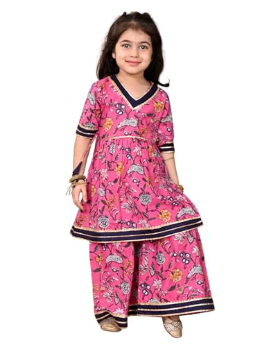 Image of superminis Girls Cotton Floral Printed Gota Patti Work Half Sleeves Sharara Suit