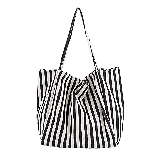 Image of Striped Canvas Tote Handbag for Women Vertical Stripe Large Capacity Shoulder Bag for Shopping Travel