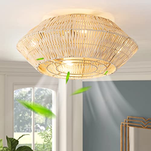  - ainqiant 20 Inch Boho Ceiling Fan with Light,Rattan Flush Mount Ceiling Fans with Lights and Remote, Wicker Caged for Bedroom, Living Room, Nursery, Office