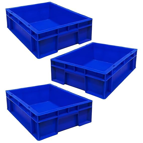 MAHIRA Multipurpose Pack of 3 Heavy Duty Blue Portable Plastic Crate 40x30x12 CM | Crates for storage | Shelf Basket for Storage Bin | Vegetable, Fruit, Milk