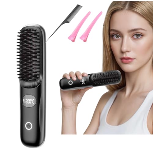 Cordless Hair Straightener Brush-Rechargeable Portable Heated Styling Brush with 3 Adjustable Heat Modes LED Display Fast Heating Travel-Friendly Design for Daily Use at Home Office&On the Go (Black)