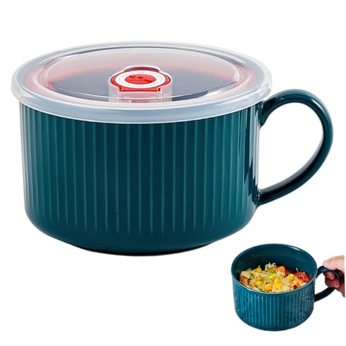 Tazón de sopa, taza de sopa de microondas con tapa, tazones de cerámica con manijas de recién llegada de recipiente de microondas portátil para uso instantáneo de cereales de fideos.