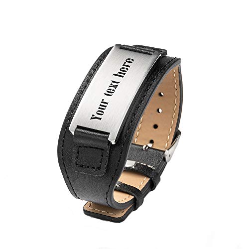 Caramel Personalize Custom Free Engraved Brown Black Leather Stainless Steel Bracelet Cuff For Men Women (Black Leather & Silver)