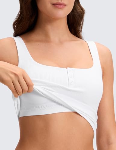 Image of CRZ YOGA Ribbed Henley Crop Tank Tops | Medium Support, Removable Pads, Casual, Square Back, Wide Straps, Longline Sports Bras for Women