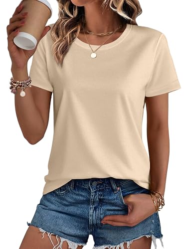 SMENG Womens Basic Crew Neck Tshirts Cotton Short Sleeve Breathable Shirt Basic Plain Classic-Fit Tee Shirt Apricot XL