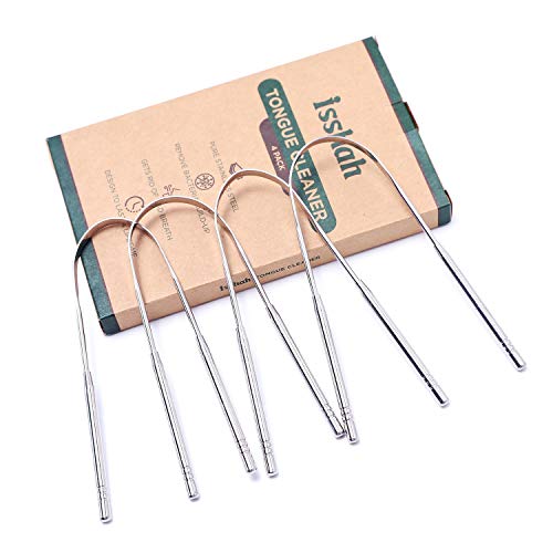 Isshah Stainless Steel Metal Tongue Scraper Cleaner - Get Rid of Bad Breath and Bacteria - Pack of 4 - Eco Friendly Packaging
