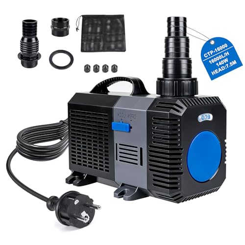 EXLECO Super ECO Pompe de Bassin Extérieur 1600L/H 140W - Filtration Basse Consommation, Pompe a Eau Electrique pour Carpes Koï, Poisson Oase, Jardin, Ruisseau - Réglable pour Fontaine Cascade