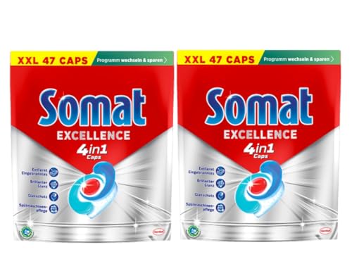 Somat Caps Excellence 4 en 1, 94 cápsulas (2 x 47 tapas), pastillas para lavavajillas de liberación rápida, tapas Somat para una excelente limpieza y brillo incluso en el programa Eco & a bajas