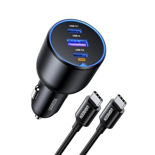 UGREEN 130W USB C Car Charger, PD 100W +PD 30W Type C Car Charger Adapter Compatible with iPhone 17/17 Air/17 Pro/17 Pro Max/16/15/14/13/12 Series, Galaxy S24 S23 Ultra, iPad, MacBook, and M
