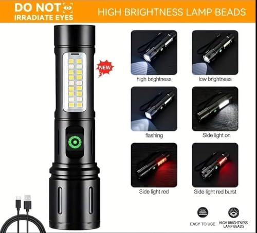Image of High Power LED Torch Flashlight with Zoom Focus | Rechargeable Fast Charging Torch Light with High Lumens Brightness for Home, Outdoor, Camping & Emergency Use (1 Piece)