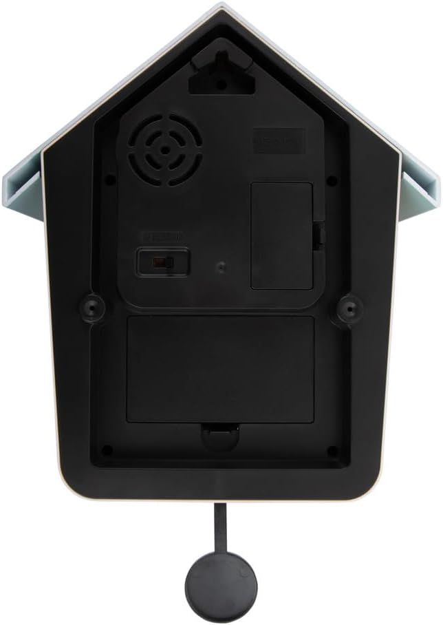 Back view of the Karlsson Cuckoo Light Wall Clock, showing the battery compartments and control switches.