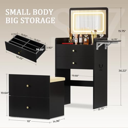 Image of COMHOMA Makeup Vanity Desk with Mirror and Lights, Small 3 in 1 Vanity Table with Visible Glass Top, Flip Top & 3 Drawers, Compact Dressing with Storage Stool for Room or Office