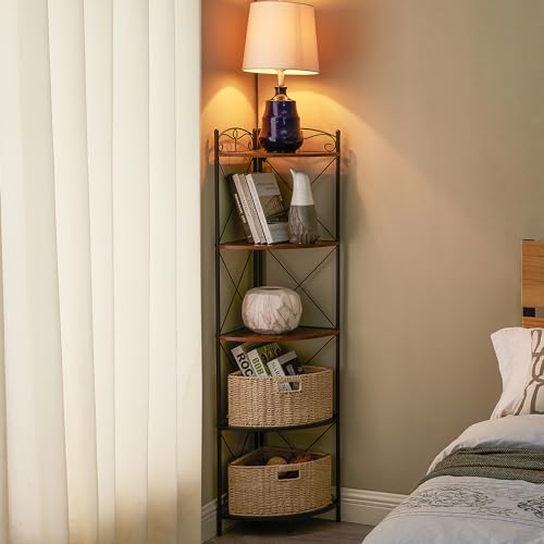 VECELO 5 Tier Corner Shelf with 2 Woven Basket, 55"