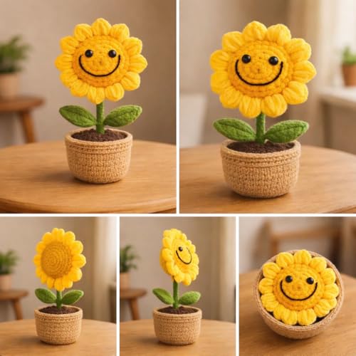 Image of 14Cm Height Handmade Crochet Smiling Flower Pot for Home & Office Decor, Cute Aesthetic Desk Showpiece, Positive Vibes Table Decor, Thoughtful for Mom (Joy Bloom Yellow)