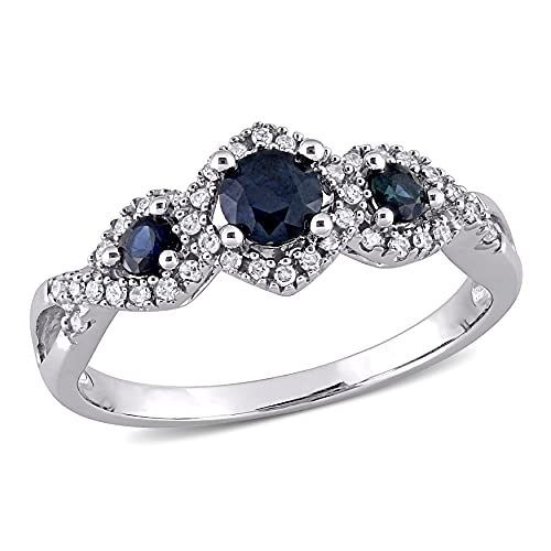 0.7 Carat Diamond And Three Blue Sapphire Round Bridal Engagement Rings Women 10KT White Gold Anniversary And Wedding Prong Setting (Blue Gem CTW 0.50, Clarity I1-I2, Color HI)