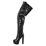 Richealnana Women's Over The Knee High Platform Thigh High Boots for Women Strap Lace-Up Chunky Heeled Buckle Strap Black Size 9.5