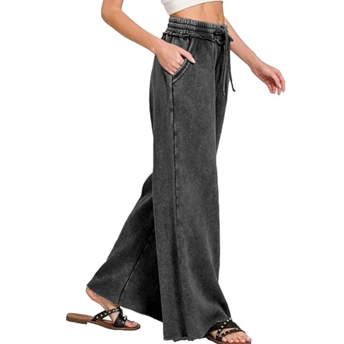 Ainangua Women Acid Wash Palazzo Sweatpants Casual High Waist Drawstring Wide Leg Pants Baggy Fleece Trousers with Pockets4