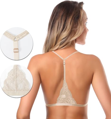 Image of SHEKINI Women's Embroidered Triangle Bra Front Closure Plunge Wireless Lightly Lined Lace Bralette Top