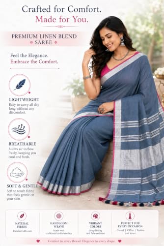 Image of HAIDER ALI AND SONS Grey Cotton Linen Saree for Women | Soft Linen Slub Blend Saree with Running Blouse Piece | Lightweight Handloom Style Saree | Office, Casual, Party & Festival Wear