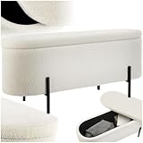 tectake® Panca Imbottita in Tessuto Bouclé, Panca Contenitore con Pratico Spazio Interno, Panca Comoda Pouf Contenitore con Gambe in Acciaio, Panca da Ingresso Design Scandinavo - Crema/Bianco