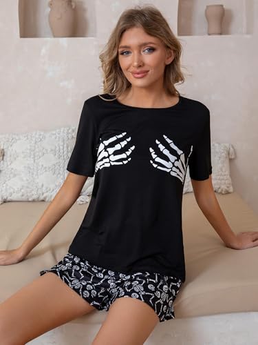 Leevuyu Women Halloween Pajamas Skeleton Short Sleeve Tops and Shorts Scream Pajamas Halloween Pajama Pjs Black S - image 6