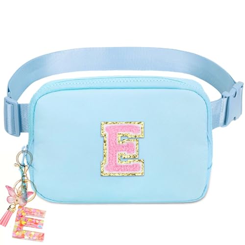 Image of Fanny Pack for Kids Girls 10-12 - Small Waist Belt Bag with Initial Letter Patch and Extender Strap for Women Teen Girl Friends Mini Bum Hip Travel Purse Crossbody Belt Bag Lavender Blue E