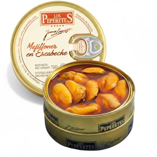 LOS PEPERETES Mejillones en Escabeche 12 – 14 Piezas 120 g | Mejillón Gallego Premium | Elaboración Artesanal | Conserva Gourmet con Escabeche Tradicional | Producto 100% Natural