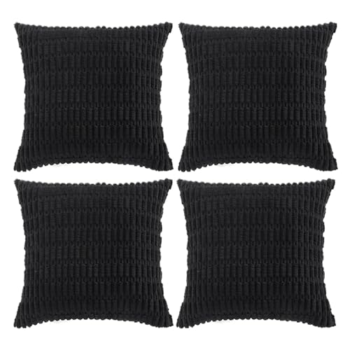 FDTERN Juego de 4 Fundas de Cojines 60x60cm Boho Negro Decoración Pana Fundas de Cojines Sofás Fundas de Cojines Blandos Decoración del Hogar Sala de Estar Dormitorio Decoración del Sofá