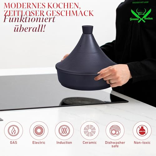 Foto von Tajine Topf Induktion 28cm/4,2L – Marokkanischer Tagine Guss-Aluminium – Für alle Herdarten (Induktion, Gas, Ceran) Keramik Antihaft – Kein Rosten, Kein Zerbrechen – Für 4-6 Personen (Schwarz)