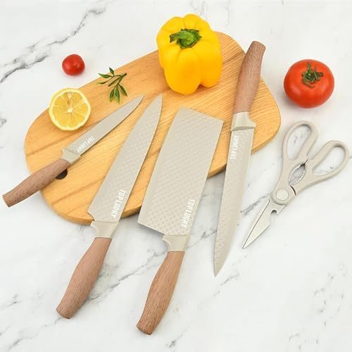 Kitchen Knife Set, 6-Piece Khaki Sharp Knife Set for Kitchen, Non-stick Non-slip Stainless Steel Chef Knife Set with Universal Knife Block Suitable for Home Restaurant (Khaki) 1