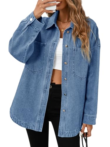 Tankaneo Womens Oversized Denim Shirt Jacket Button Down Long Sleeve Fall Casual Jean Shackets Blue