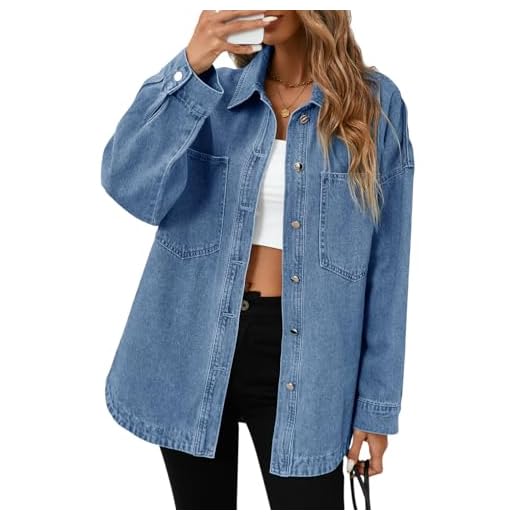 Tankaneo Womens Oversized Denim Shirt Jacket Button Down Long Sleeve Fall Casual Jean Shackets Blue