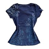 Women Grunge Shirts Y2k 2000s Fairy Gothic Graphic Baby Tees Egirls Two Piece Short Sleeve Slim Fit T-Shirt Vintage Trendy Crop Tops Alt Clothes Blue
