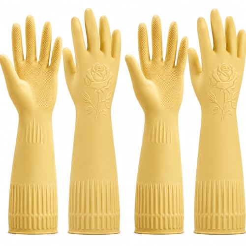 Disfore Rubber Dishwashing Gloves for Cleaning Kitchen, 2 Pairs, Long, Waterproof, Reusable Household Gloves for Washing Dishes (Yellow, XL)