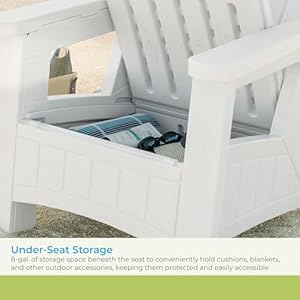 Suncast Outdoor Patio Adirondack Chair with 8 Gal of Under Seat Storage Stylish Faux Wood Outdoor Storage Chair for Patios Ice Cube