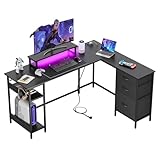 DEVAISE Escritorio en L con Enchufe y 3 Cajones de Tela, Negro