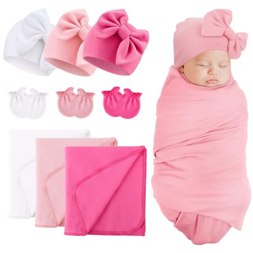 Image of BQUBO Newborn Receiving Blankets Cotton Warm Sleepsack with Mittens & Bow Hats Hospital Baby Swaddling Shower Gift