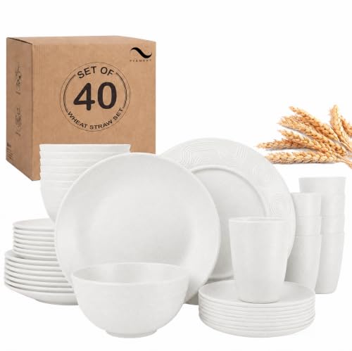 PYRMONT 40 Pcs Wheat Straw Dinnerware Sets White Plates and Bowls Sets
