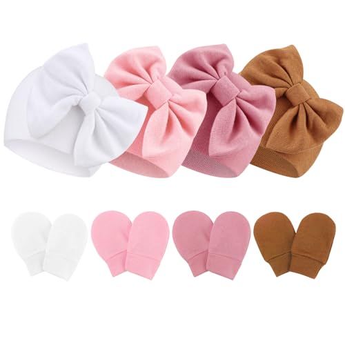 Image of Newborn Baby Hats and Mittens Set Infant Bow Beanie Cap Toddler Gloves Newborn Hospital Hats for Baby Boy Girl 0-6 Months