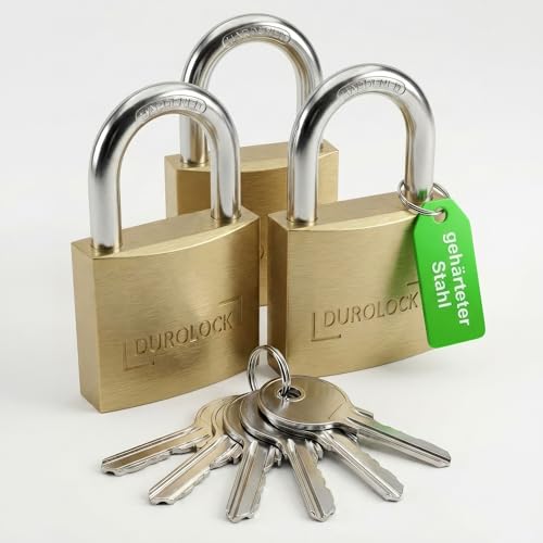 DUROLOCK Vorhängeschloss gleichschließend 3 Schlösser inkl. 6 Ersatzschlüssel - gehärteter Stahl Spindschloss für Fitnessstudio Kellerschloss Gartenhaus Schloss mit Schlüssel wetterfest 3er Set