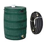 Good Ideas Rain Wizard 50 Gallon Plastic Rain Barrel, Green Bundled with 50 Foot Soaker Hose, Gradual Water Release to Plants, for 3/4' Spigots, Black
